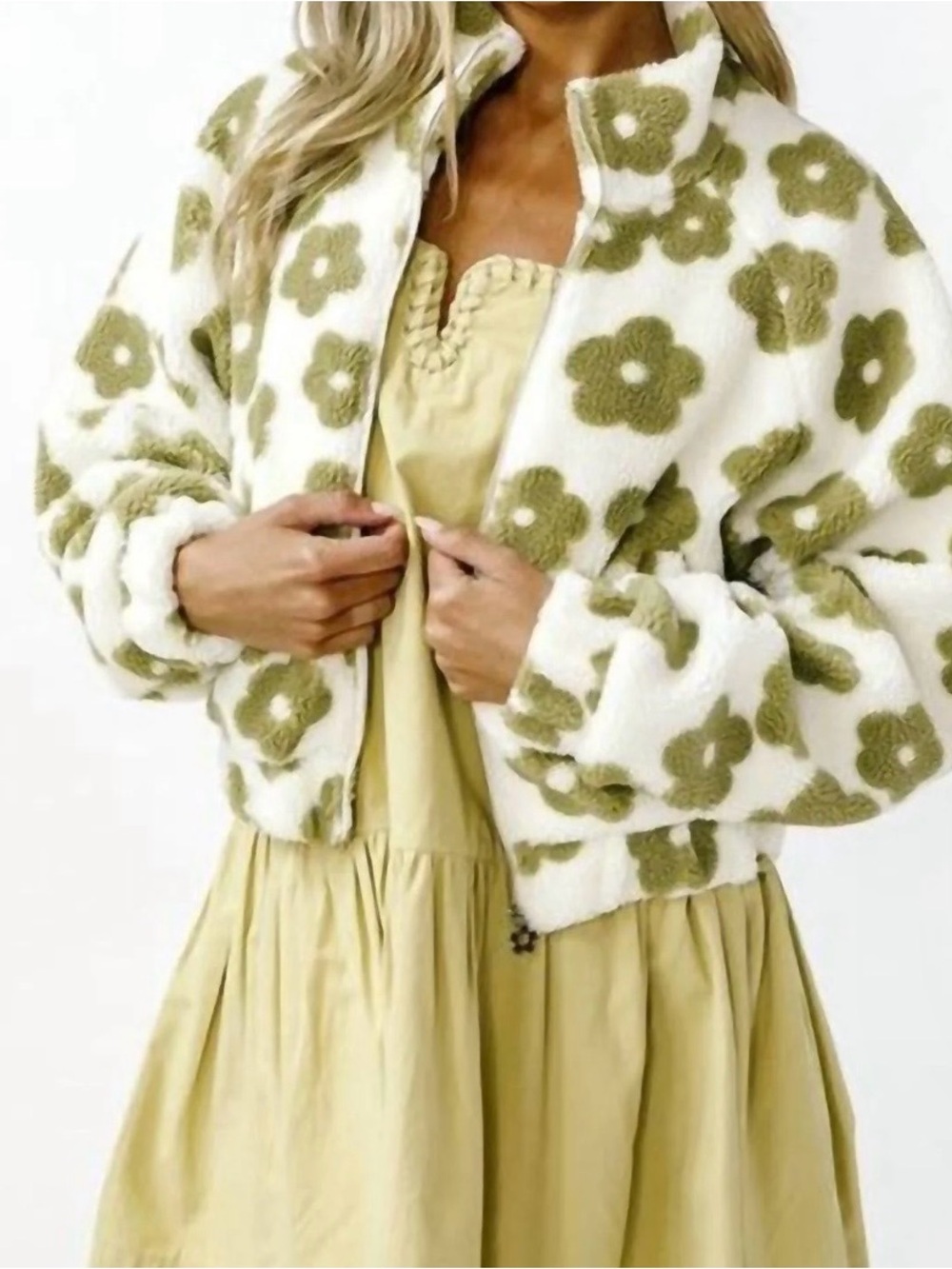 HYFVE Cream Sherpa Zip Jacket with Olive Floral Print - Picture 3 of 9